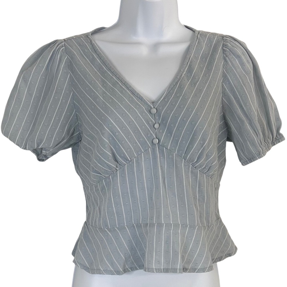 Calista Light Blue Striped Swiss Dot Peplum Top Short Puff Sleeve V-Neck Small